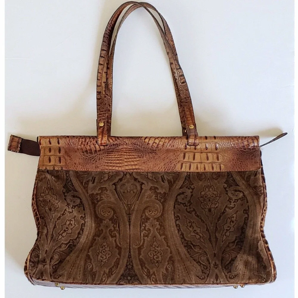 Rare Clever Carriage Company Brown Pony Hair Croc Embossed Leather Large Tote